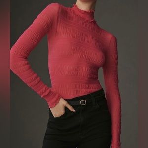 Pink Pilcro Smocked Mesh Turtleneck Top